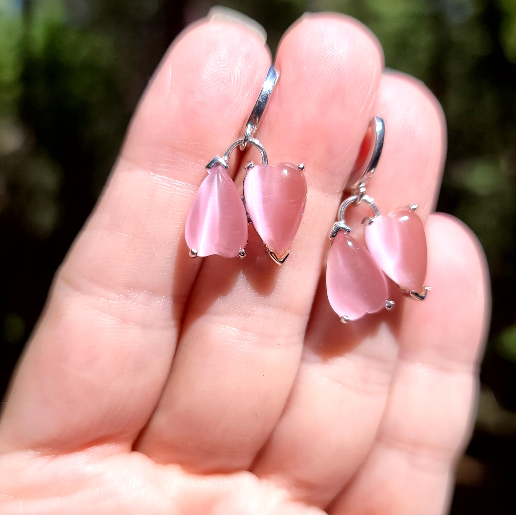Lovely Pink Quartz Cats Eye Dual Heart Sterling Earrings